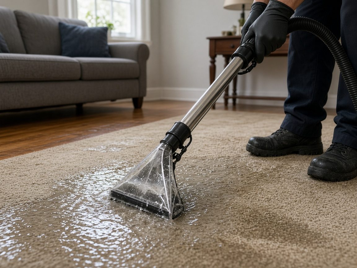 Extraction wand removing water from a soaked living room carpet