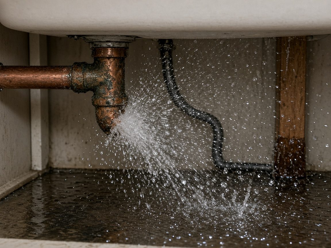 Burst copper pipe spraying water inside an opened wall